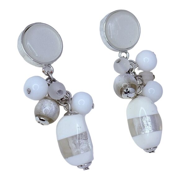 White Art Glass Beaded Cluster Dangle Drop Earrings 2" Silver Tone Trendy - Picture 3 of 10